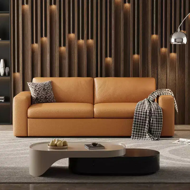Canapé d'angle en cuir orange de 210,1 cm, canapé rembourré de style moderne du milieu du siècle avec accoudoirs carrés pour salon et petits espaces