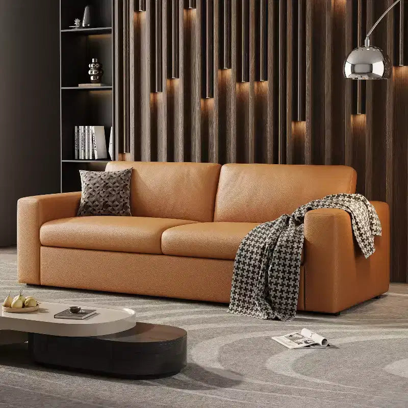 Canapé d'angle en cuir orange de 210,1 cm, canapé rembourré de style moderne du milieu du siècle avec accoudoirs carrés pour salon et petits espaces