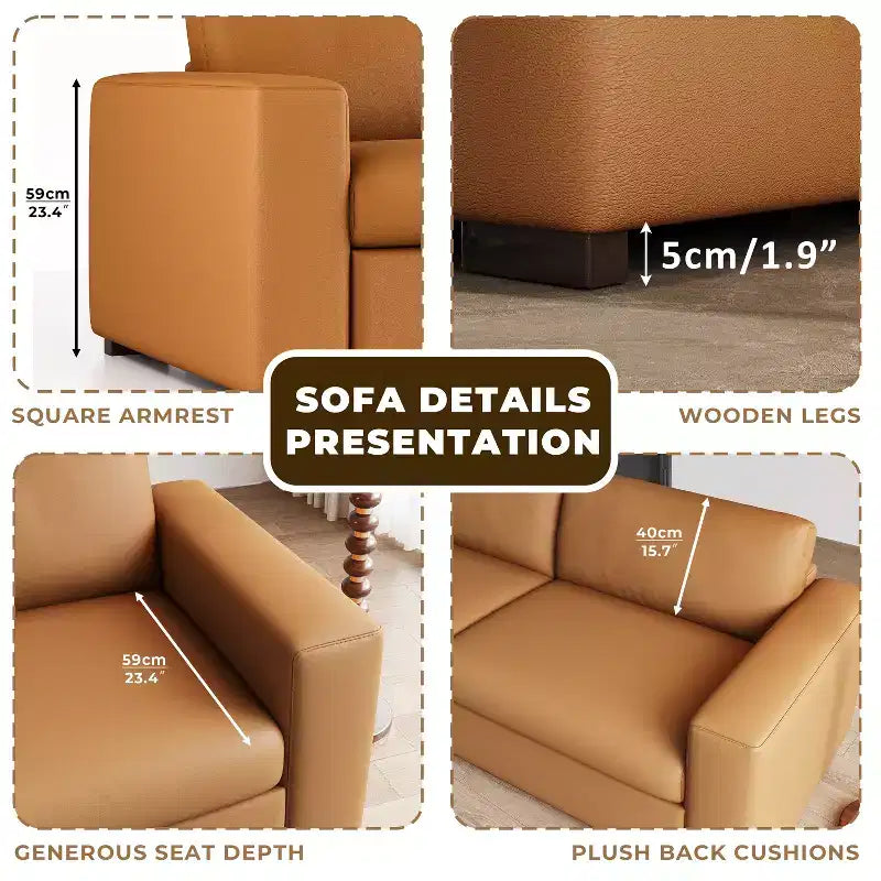 Canapé d'angle en cuir orange de 210,1 cm, canapé rembourré de style moderne du milieu du siècle avec accoudoirs carrés pour salon et petits espaces