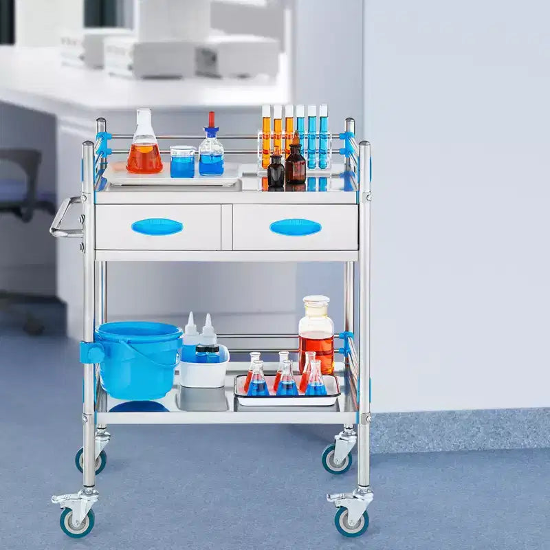 Chariot de service, chariot roulant utilitaire à 2 niveaux en acier inoxydable, chariot médical avec deux tiroirs, chariot utilitaire dentaire avec roulettes verrouillables