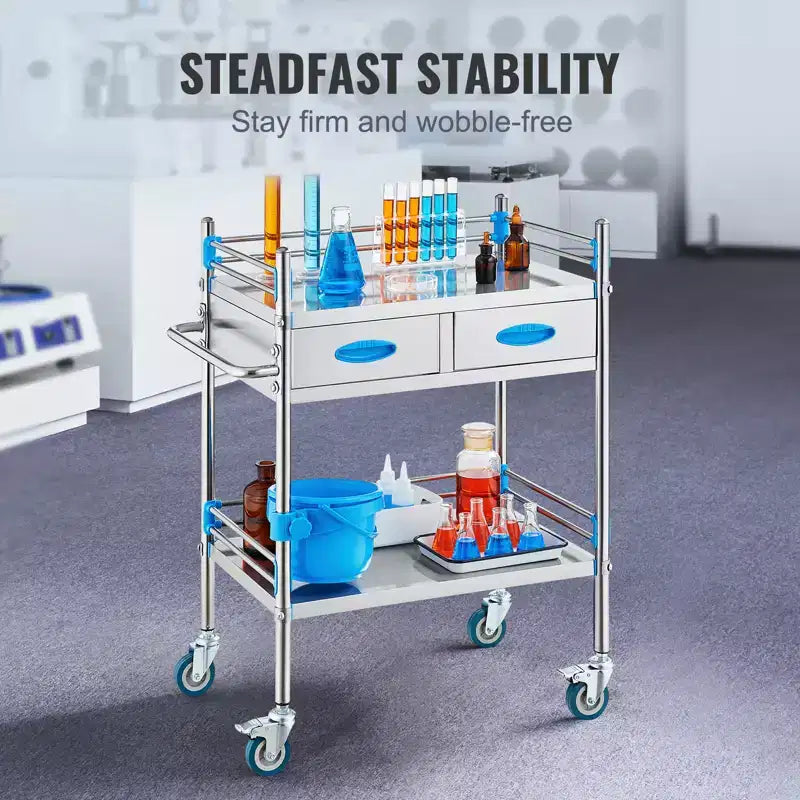 Chariot de service, chariot roulant utilitaire à 2 niveaux en acier inoxydable, chariot médical avec deux tiroirs, chariot utilitaire dentaire avec roulettes verrouillables