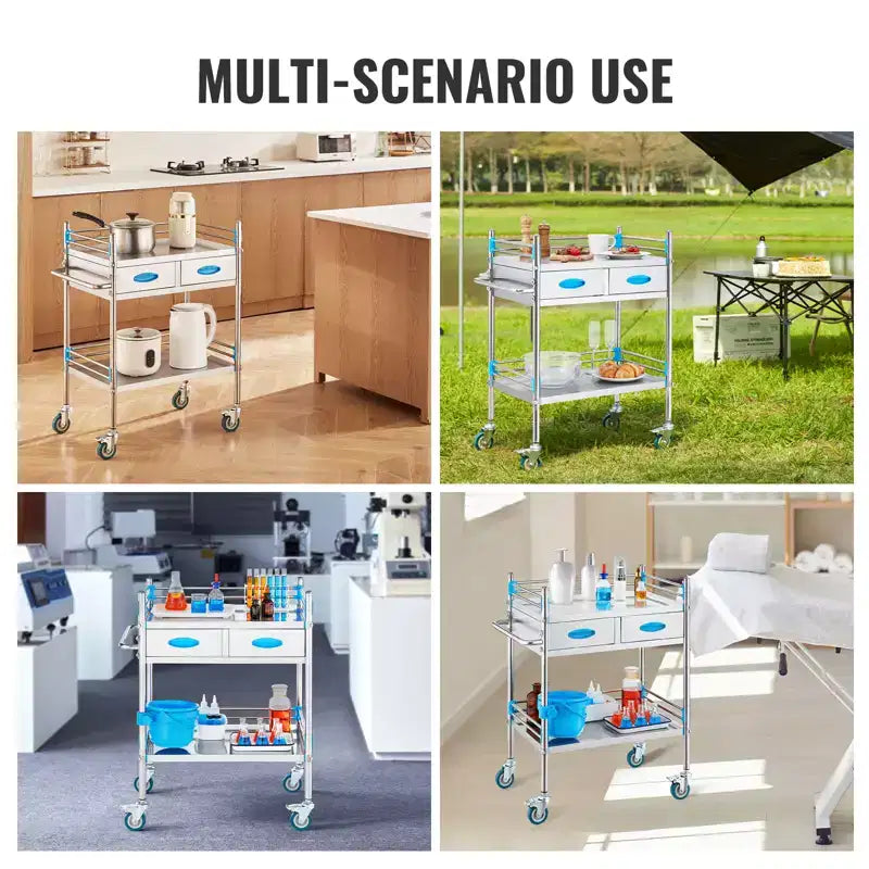 Chariot de service, chariot roulant utilitaire à 2 niveaux en acier inoxydable, chariot médical avec deux tiroirs, chariot utilitaire dentaire avec roulettes verrouillables