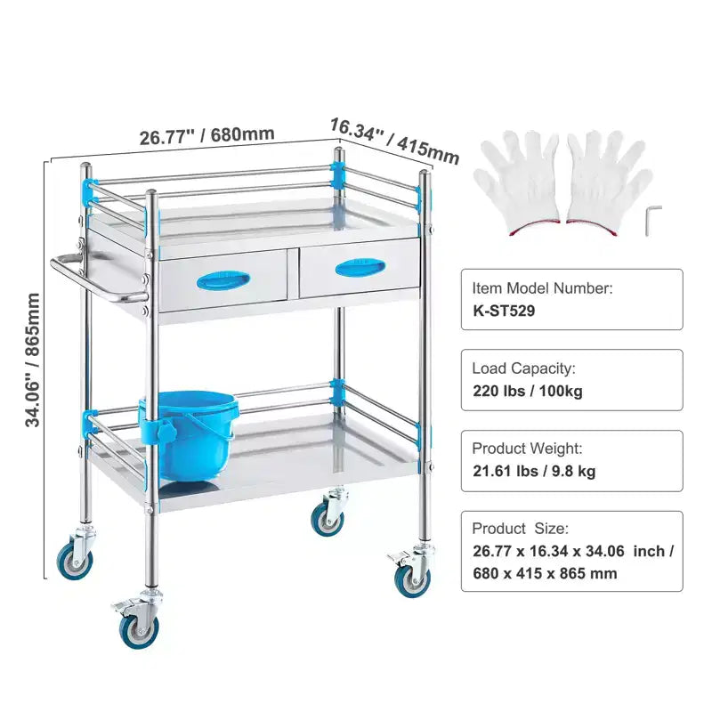 Chariot de service, chariot roulant utilitaire à 2 niveaux en acier inoxydable, chariot médical avec deux tiroirs, chariot utilitaire dentaire avec roulettes verrouillables