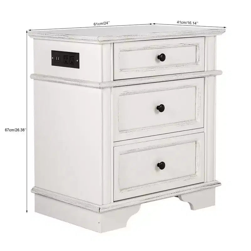 Table de chevet en bois massif de 24,02 po de l. avec 3 tiroirs et 2 ports USB