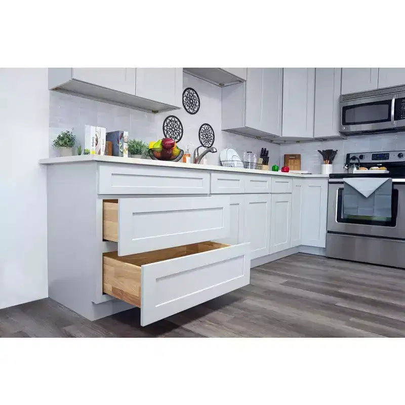 Meuble bas de cuisine 2 tiroirs de 36 po L x 34,5 po H x 24 po P, fermeture douce, cadre en contreplaqué – Prêt à assembler