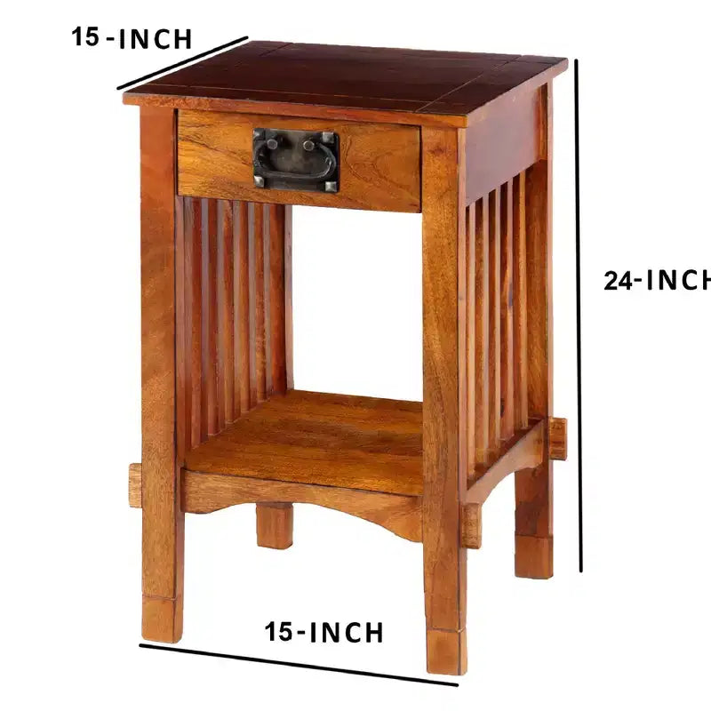 Console téléphonique spacieuse en bois de manguier avec panneaux latéraux à lattes