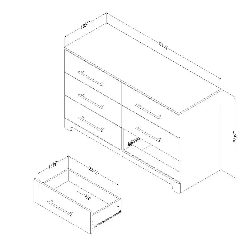 Commode horizontale en panneaux de particules de 7,5 po de hauteur avec 6 tiroirs au fini beige
