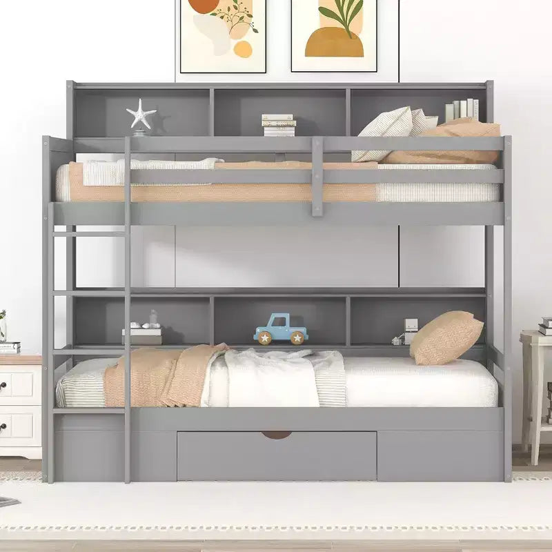 Lit superposé multifonction double avec étagères intégrées, lit mezzanine avec tiroir de rangement en bois massif pour enfants et adolescents, montage facile