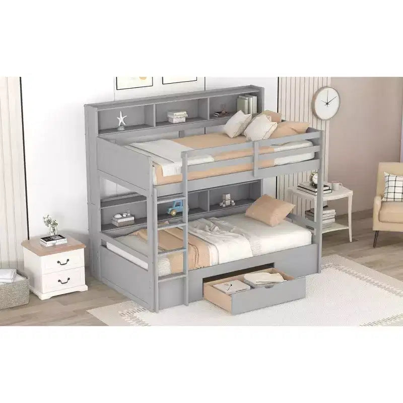 Lit superposé multifonction double avec étagères intégrées, lit mezzanine avec tiroir de rangement en bois massif pour enfants et adolescents, montage facile