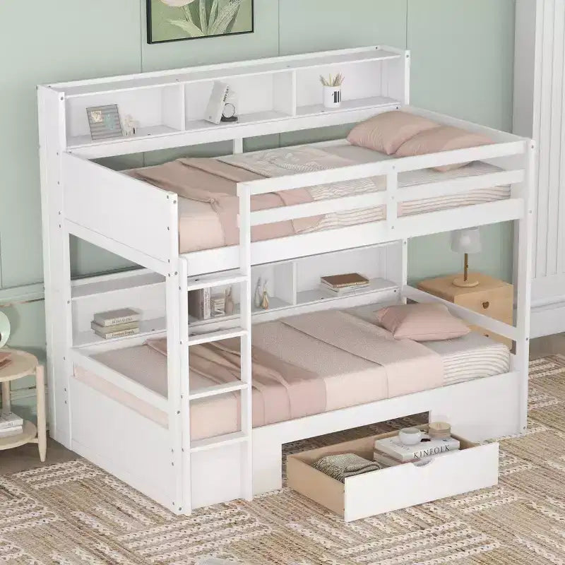 Lit superposé multifonction double avec étagères intégrées, lit mezzanine avec tiroir de rangement en bois massif pour enfants et adolescents, montage facile