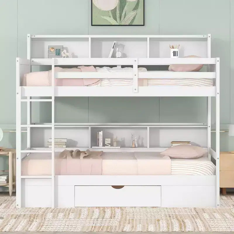 Lit superposé multifonction double avec étagères intégrées, lit mezzanine avec tiroir de rangement en bois massif pour enfants et adolescents, montage facile