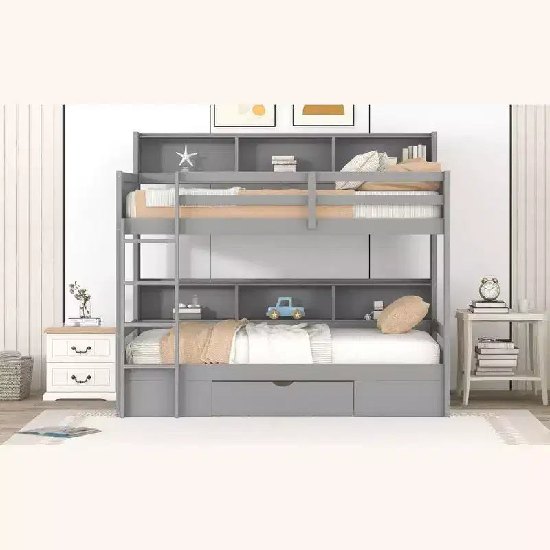 Lit superposé multifonction double avec étagères intégrées, lit mezzanine avec tiroir de rangement en bois massif pour enfants et adolescents, montage facile