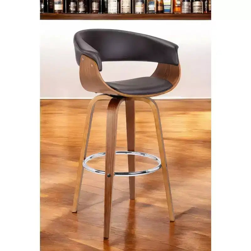 Tabouret de bar 31" à dossier bas pivotant en similicuir marron et bois massif