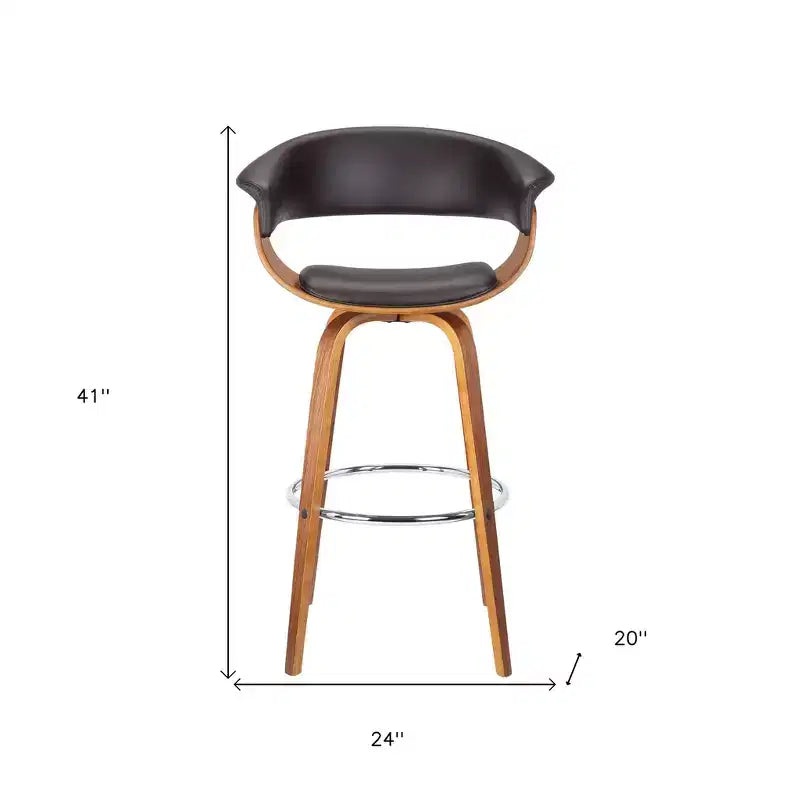 Tabouret de bar 31" à dossier bas pivotant en similicuir marron et bois massif