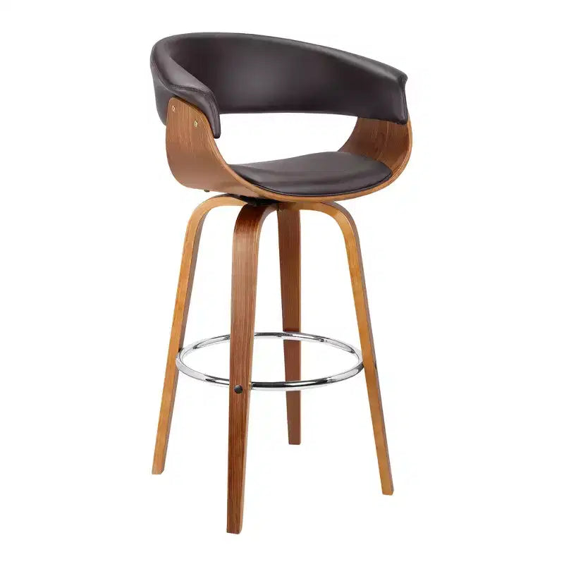 Tabouret de bar 31" à dossier bas pivotant en similicuir marron et bois massif
