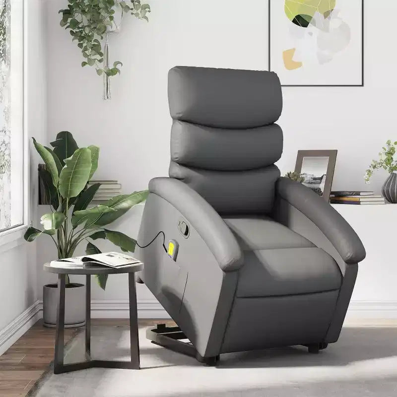 Fauteuil inclinable et massant électrique en similicuir gris avec fonction releveur – Siège confortable pour personnes âgées dans le salon