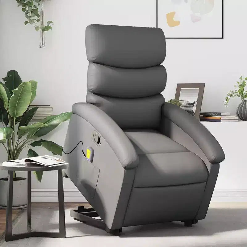 Fauteuil inclinable et massant électrique en similicuir gris avec fonction releveur – Siège confortable pour personnes âgées dans le salon