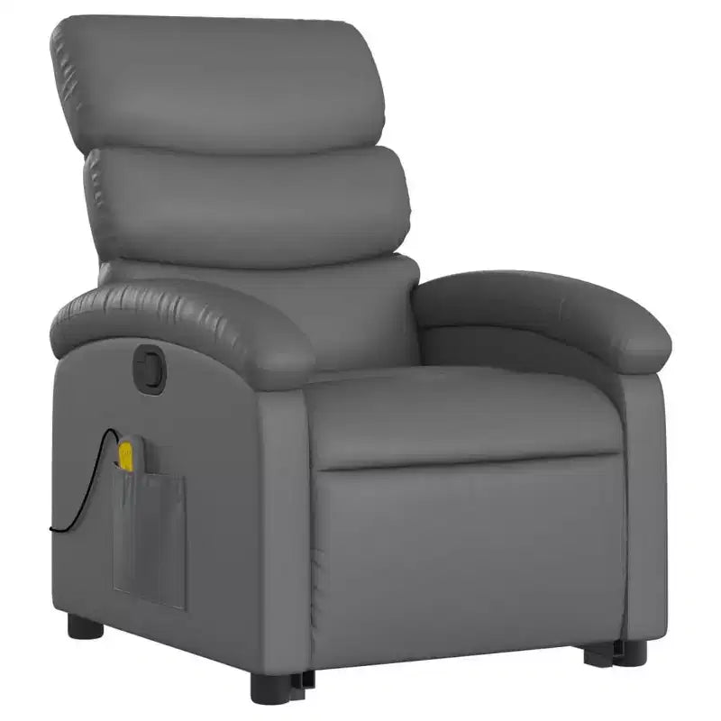 Fauteuil inclinable et massant électrique en similicuir gris avec fonction releveur – Siège confortable pour personnes âgées dans le salon