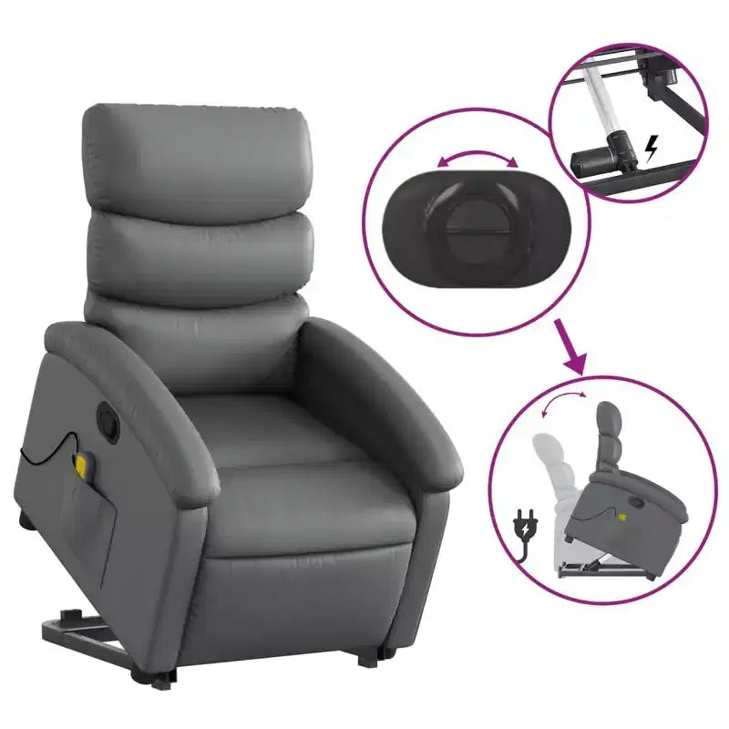 Fauteuil inclinable et massant électrique en similicuir gris avec fonction releveur – Siège confortable pour personnes âgées dans le salon