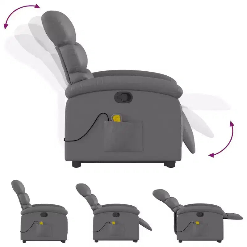Fauteuil inclinable et massant électrique en similicuir gris avec fonction releveur – Siège confortable pour personnes âgées dans le salon