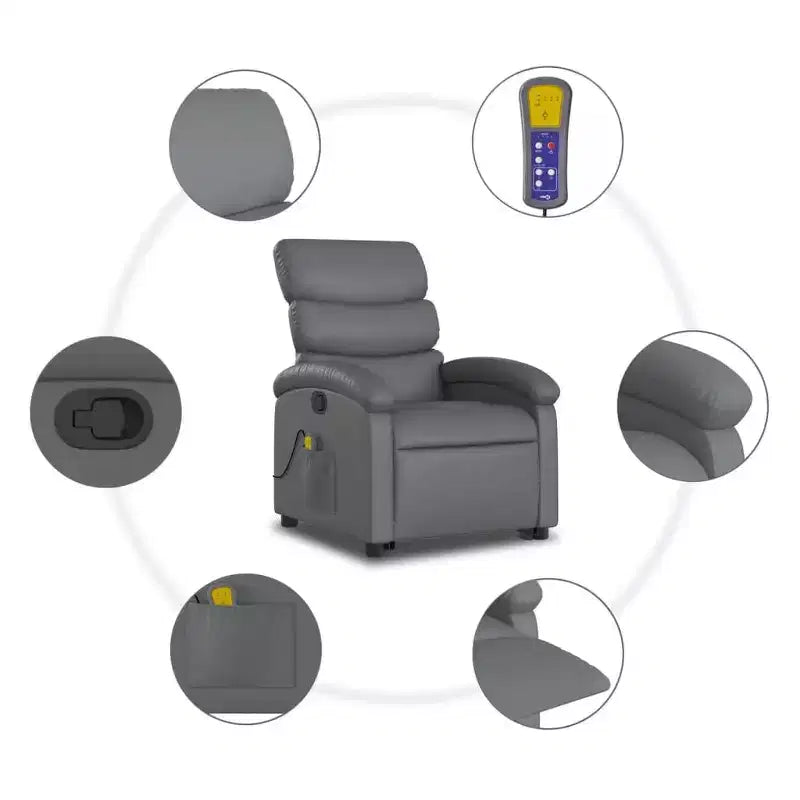 Fauteuil inclinable et massant électrique en similicuir gris avec fonction releveur – Siège confortable pour personnes âgées dans le salon