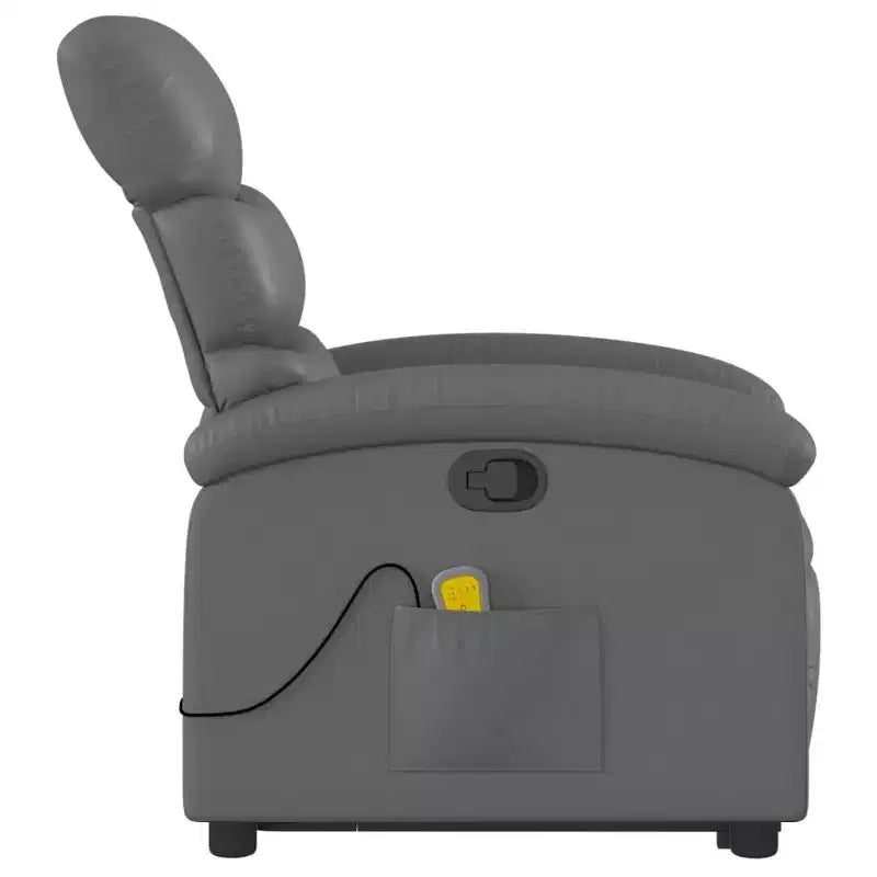 Fauteuil inclinable et massant électrique en similicuir gris avec fonction releveur – Siège confortable pour personnes âgées dans le salon
