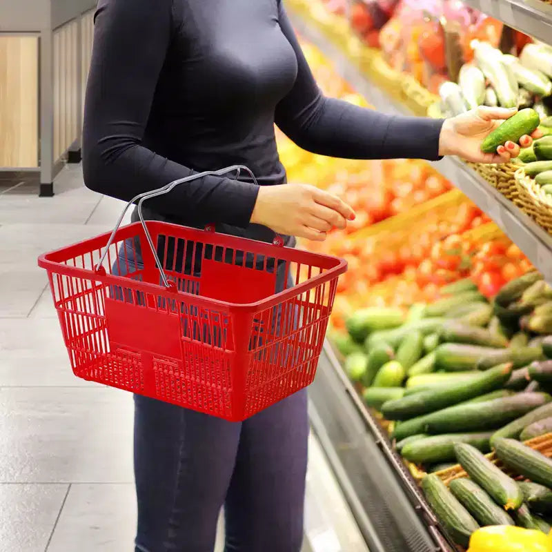 Panier de courses, panier d'épicerie en plastique durable de 21 L avec poignée et support en métal, panier de magasin portable de 42,5 x 30,5 x 21,8 cm, rouge