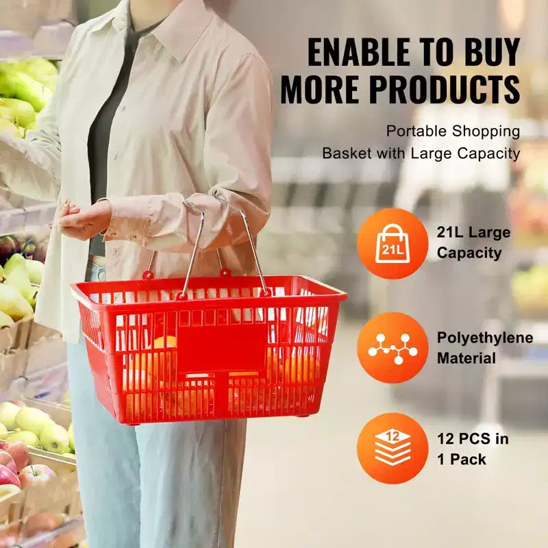 Panier de courses, panier d'épicerie en plastique durable de 21 L avec poignée et support en métal, panier de magasin portable de 42,5 x 30,5 x 21,8 cm, rouge