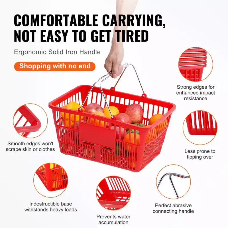 Panier de courses, panier d'épicerie en plastique durable de 21 L avec poignée et support en métal, panier de magasin portable de 42,5 x 30,5 x 21,8 cm, rouge