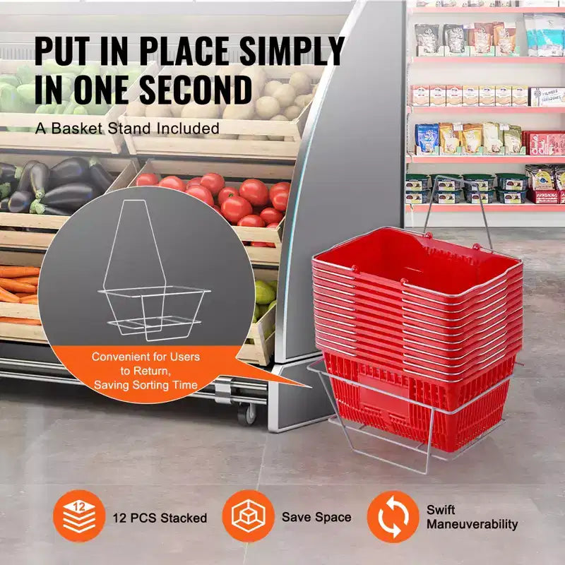 Panier de courses, panier d'épicerie en plastique durable de 21 L avec poignée et support en métal, panier de magasin portable de 42,5 x 30,5 x 21,8 cm, rouge