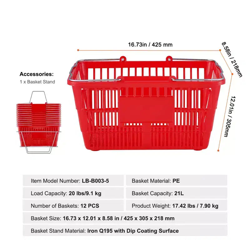 Panier de courses, panier d'épicerie en plastique durable de 21 L avec poignée et support en métal, panier de magasin portable de 42,5 x 30,5 x 21,8 cm, rouge