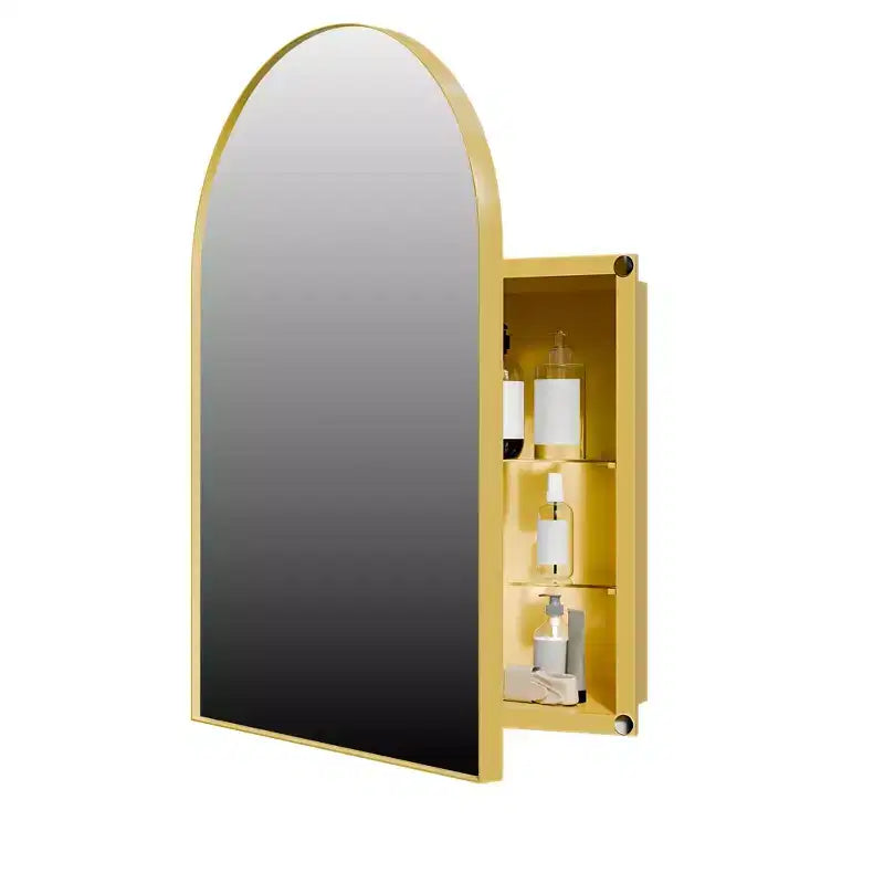 Armoire à pharmacie d'angle en métal avec miroir arqué, étagères en verre réglables, organisateur de rangement de salle de bain peu encombrant