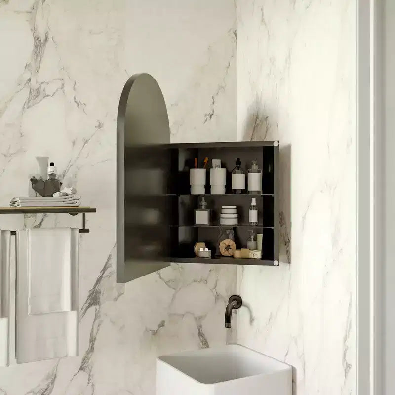 Armoire à pharmacie d'angle en métal avec miroir arqué, étagères en verre réglables, organisateur de rangement de salle de bain peu encombrant