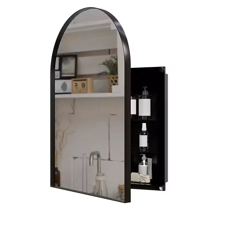 Armoire à pharmacie d'angle en métal avec miroir arqué, étagères en verre réglables, organisateur de rangement de salle de bain peu encombrant