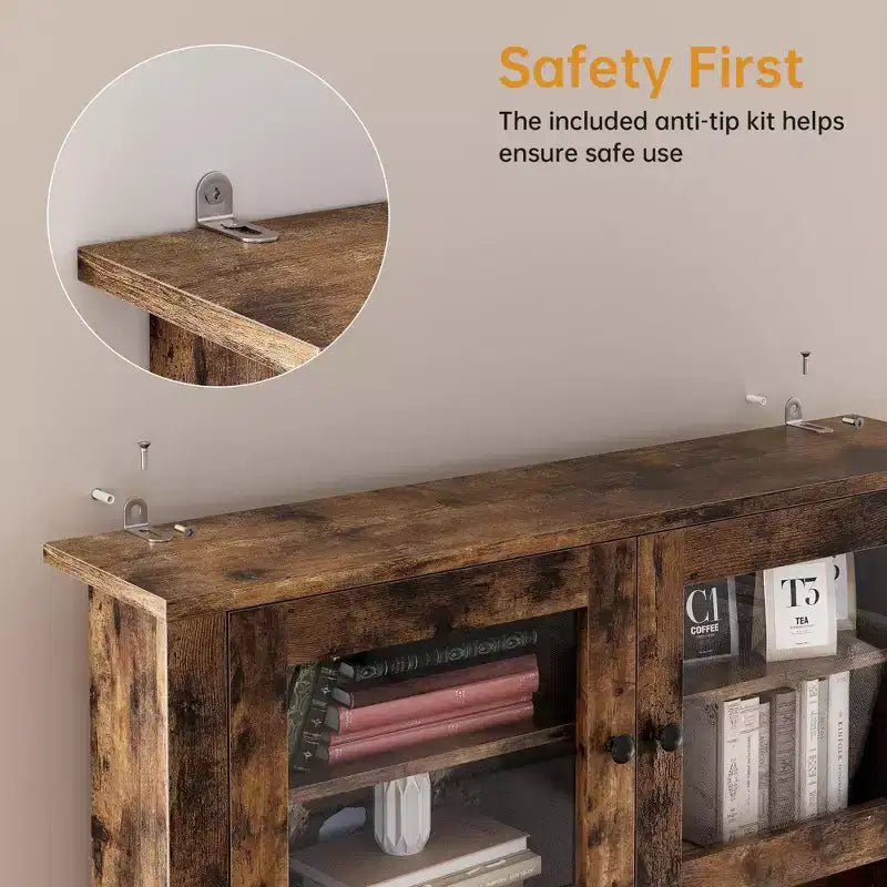 Meuble de rangement de cuisine de 160 cm de hauteur avec support pour micro-ondes, tiroirs et portes vitrées, buffet de style ferme, station de café pour appartements