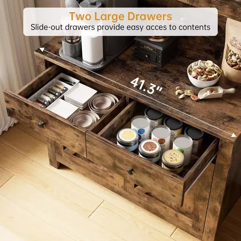Meuble de rangement de cuisine de 160 cm de hauteur avec support pour micro-ondes, tiroirs et portes vitrées, buffet de style ferme, station de café pour appartements