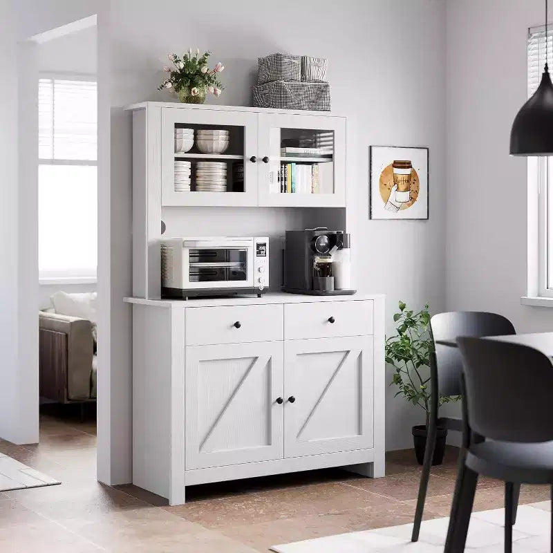 Meuble de rangement de cuisine de 160 cm de hauteur avec support pour micro-ondes, tiroirs et portes vitrées, buffet de style ferme, station de café pour appartements