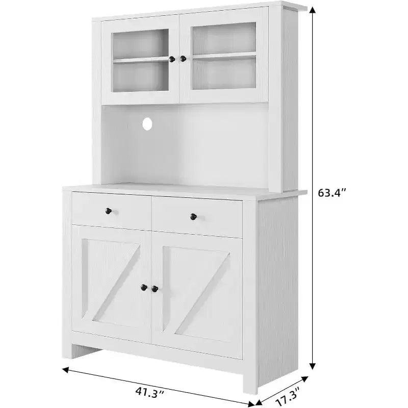 Meuble de rangement de cuisine de 160 cm de hauteur avec support pour micro-ondes, tiroirs et portes vitrées, buffet de style ferme, station de café pour appartements