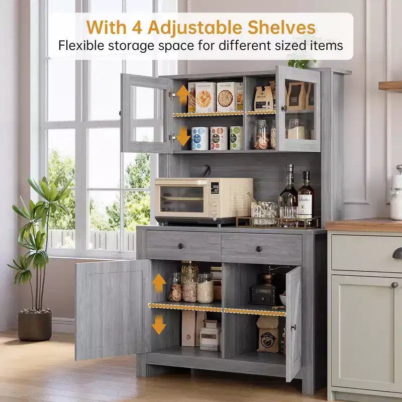 Meuble de rangement de cuisine de 160 cm de hauteur avec support pour micro-ondes, tiroirs et portes vitrées, buffet de style ferme, station de café pour appartements