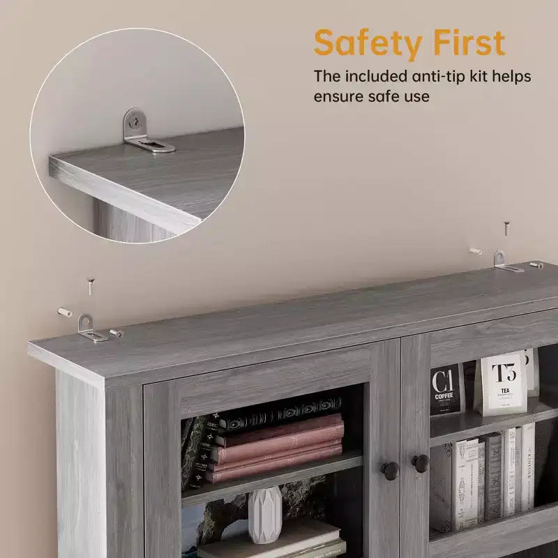 Meuble de rangement de cuisine de 160 cm de hauteur avec support pour micro-ondes, tiroirs et portes vitrées, buffet de style ferme, station de café pour appartements