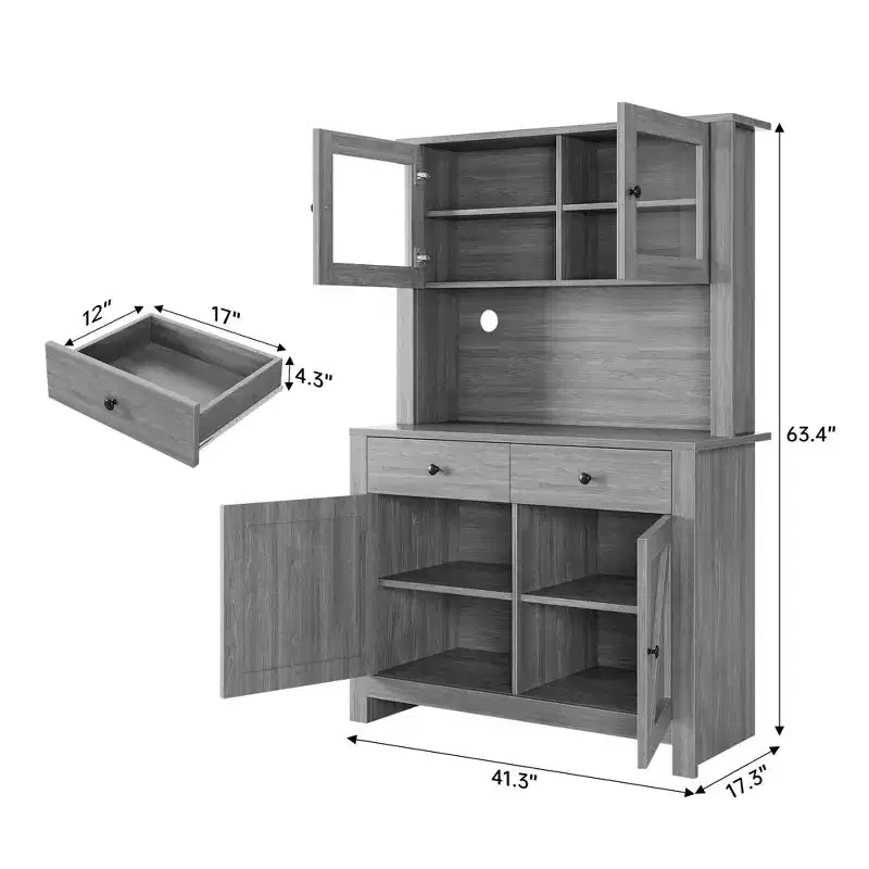 Meuble de rangement de cuisine de 160 cm de hauteur avec support pour micro-ondes, tiroirs et portes vitrées, buffet de style ferme, station de café pour appartements