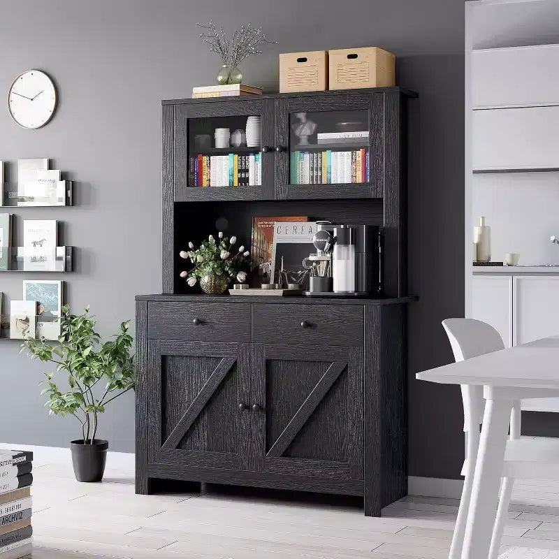 Meuble de rangement de cuisine de 160 cm de hauteur avec support pour micro-ondes, tiroirs et portes vitrées, buffet de style ferme, station de café pour appartements