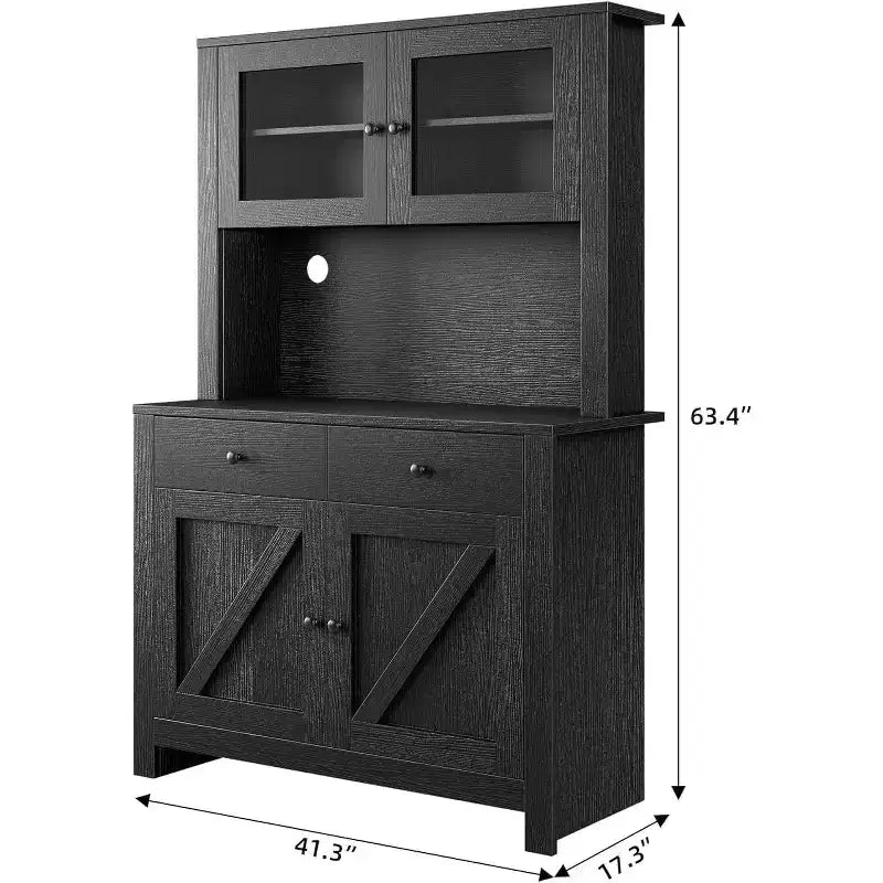 Meuble de rangement de cuisine de 160 cm de hauteur avec support pour micro-ondes, tiroirs et portes vitrées, buffet de style ferme, station de café pour appartements