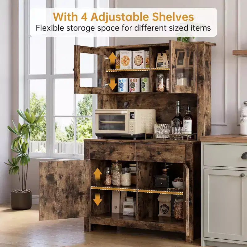 Meuble de rangement de cuisine de 160 cm de hauteur avec support pour micro-ondes, tiroirs et portes vitrées, buffet de style ferme, station de café pour appartements