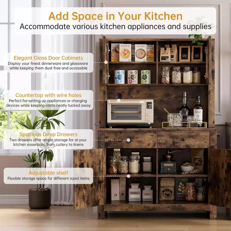 Meuble de rangement de cuisine de 160 cm de hauteur avec support pour micro-ondes, tiroirs et portes vitrées, buffet de style ferme, station de café pour appartements