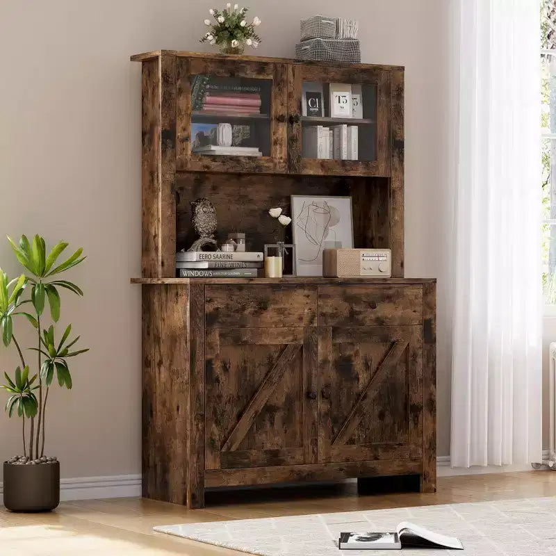 Meuble de rangement de cuisine de 160 cm de hauteur avec support pour micro-ondes, tiroirs et portes vitrées, buffet de style ferme, station de café pour appartements