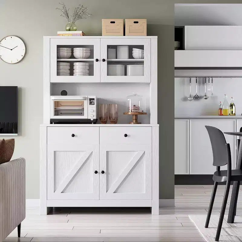 Meuble de rangement de cuisine de 160 cm de hauteur avec support pour micro-ondes, tiroirs et portes vitrées, buffet de style ferme, station de café pour appartements