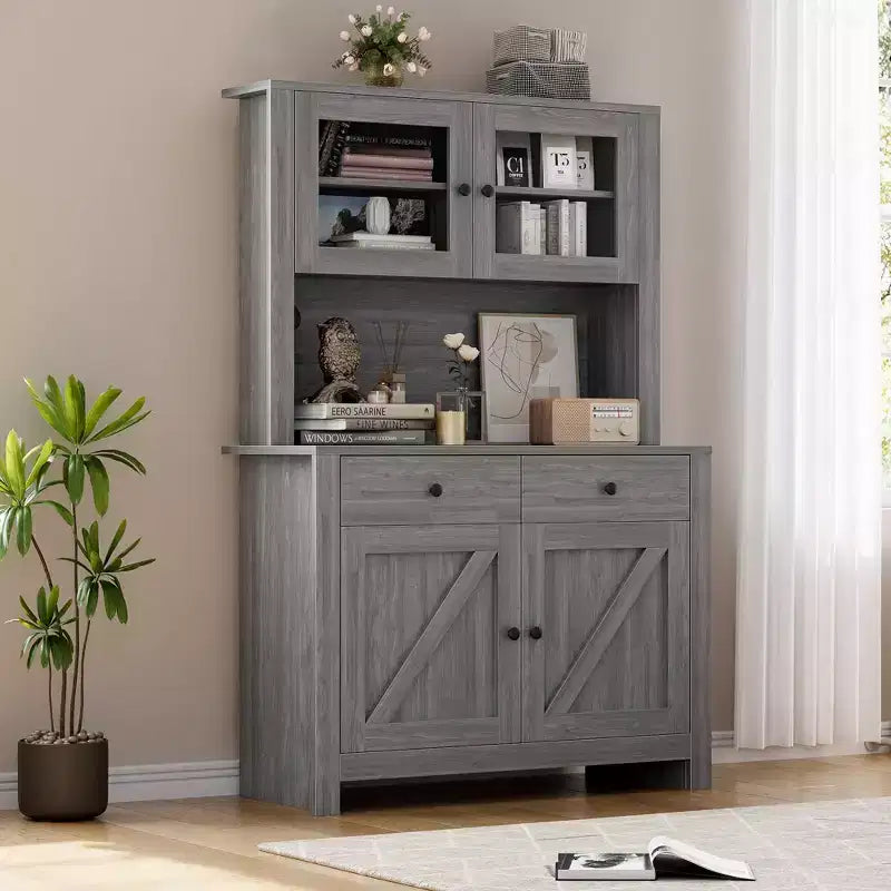 Meuble de rangement de cuisine de 160 cm de hauteur avec support pour micro-ondes, tiroirs et portes vitrées, buffet de style ferme, station de café pour appartements