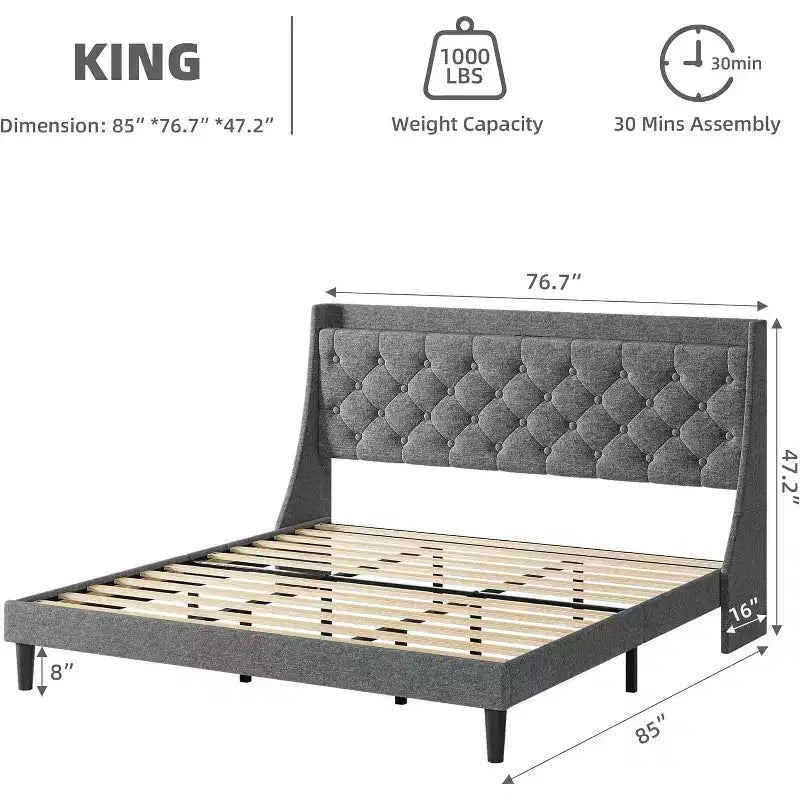 Lit King Size Moderne Rembourré - Tête de Lit avec Chargement USB et Rangement, Capitonnée et Sans Bruit, Sans Sommier (Gris Foncé)