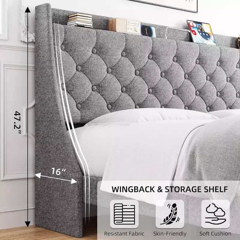 Lit King Size Moderne Rembourré - Tête de Lit avec Chargement USB et Rangement, Capitonnée et Sans Bruit, Sans Sommier (Gris Foncé)